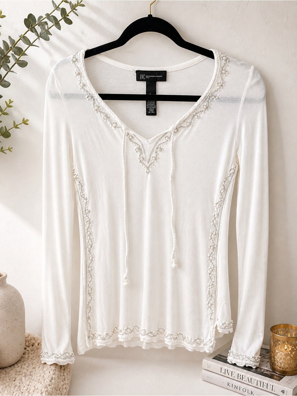 Vintage INC International Concepts Cream V-Neck Long Sleeve Top Embellished Trim